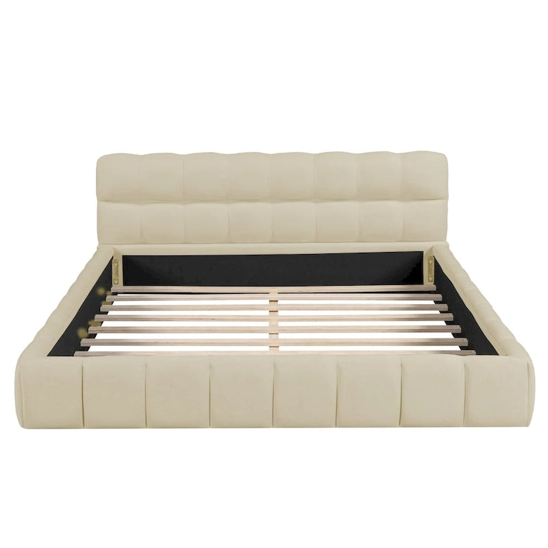 Letto matrimoniale imbottito a piattaforma grigio/beige, in tessuto di lino, per 1