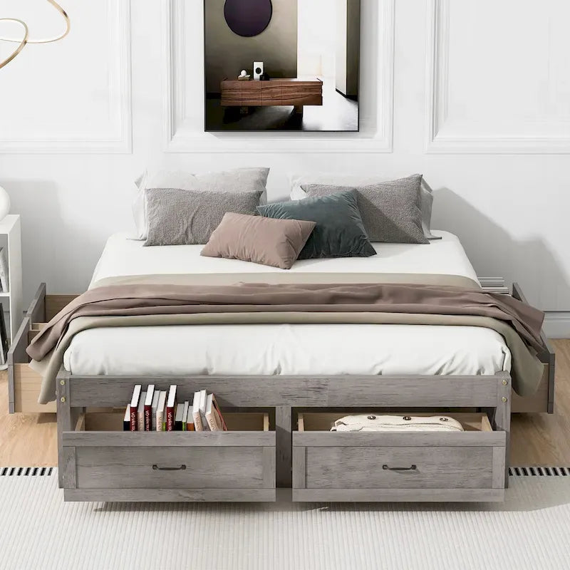 Letto a Piattaforma Queen con 6 Cassetti Contenitore, Grigio Antico / Bianco / Naturale, Per 1-2 Persone