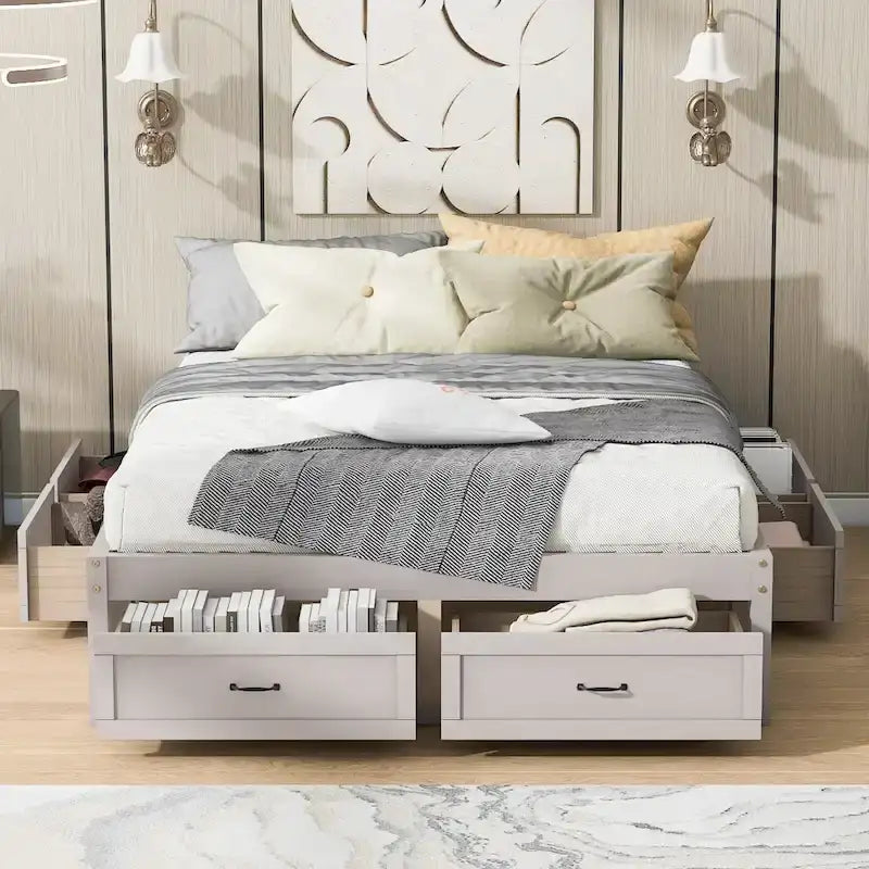 Letto a Piattaforma Queen con 6 Cassetti Contenitore, Grigio Antico / Bianco / Naturale, Per 1-2 Persone