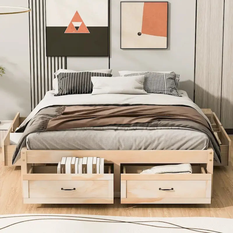 Letto a Piattaforma Queen con 6 Cassetti Contenitore, Grigio Antico / Bianco / Naturale, Per 1-2 Persone