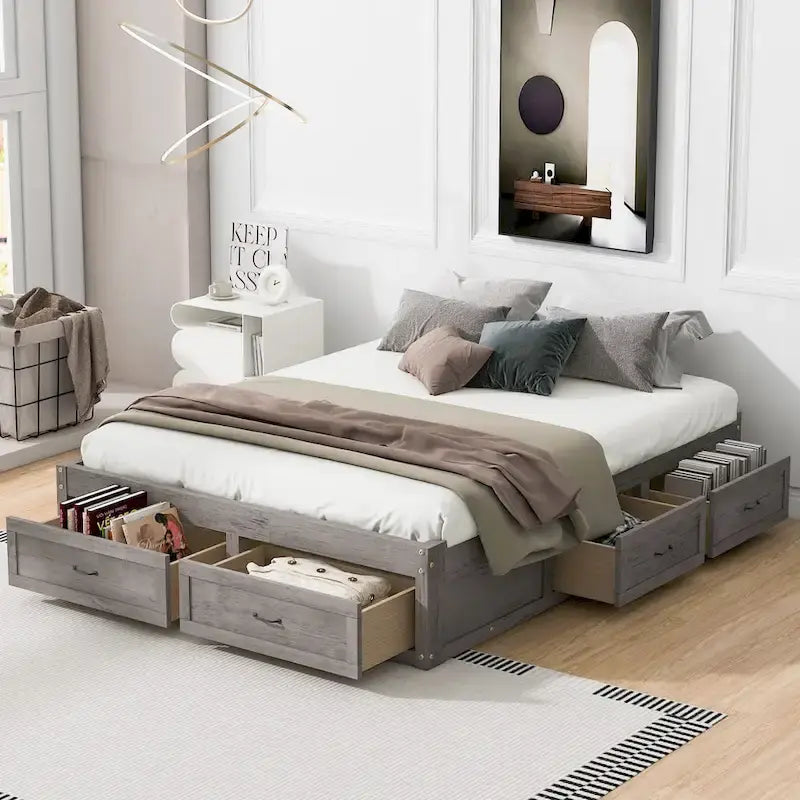 Letto a Piattaforma Queen con 6 Cassetti Contenitore, Grigio Antico / Bianco / Naturale, Per 1-2 Persone