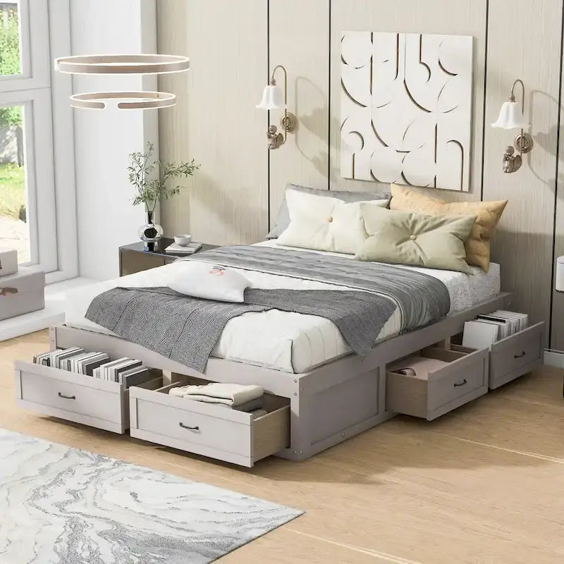 Letto a Piattaforma Queen con 6 Cassetti Contenitore, Grigio Antico / Bianco / Naturale, Per 1-2 Persone