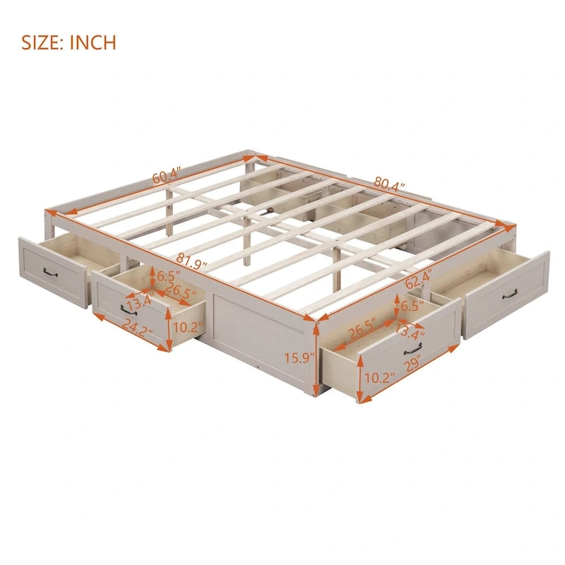 Letto a Piattaforma Queen con 6 Cassetti Contenitore, Grigio Antico / Bianco / Naturale, Per 1-2 Persone