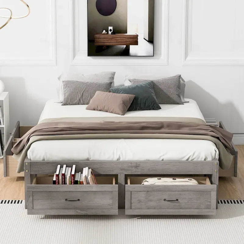 Letto a Piattaforma Queen con 6 Cassetti Contenitore, Grigio Antico / Bianco / Naturale, Per 1-2 Persone