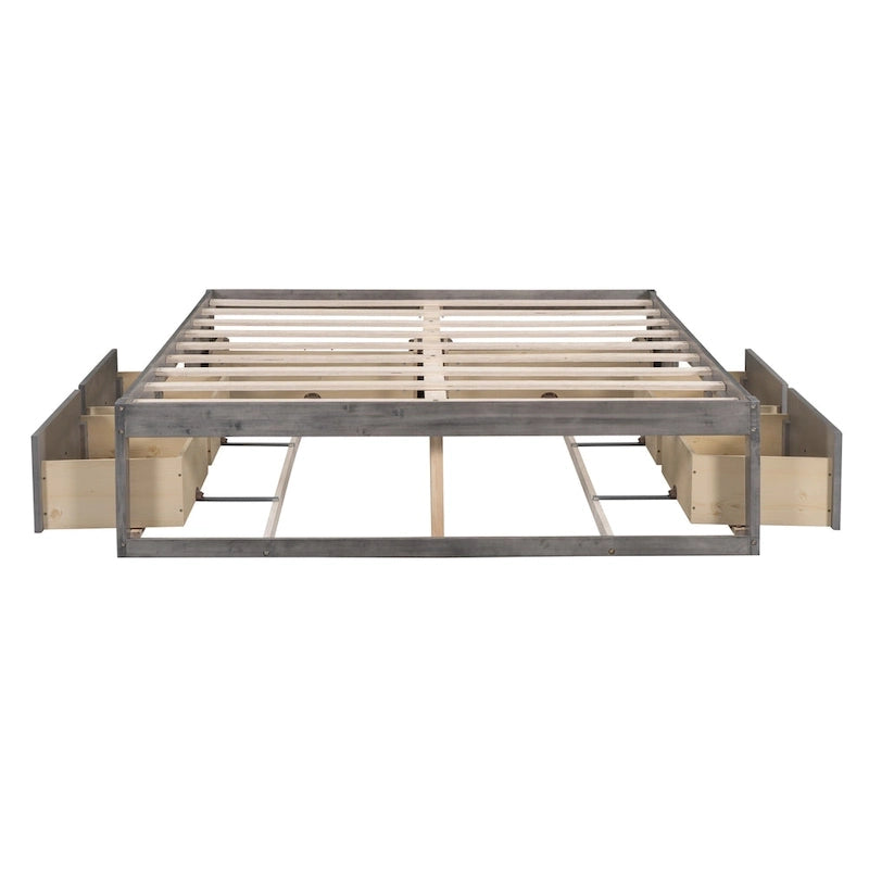 Letto a Piattaforma Queen con 6 Cassetti Contenitore, Grigio Antico / Bianco / Naturale, Per 1-2 Persone