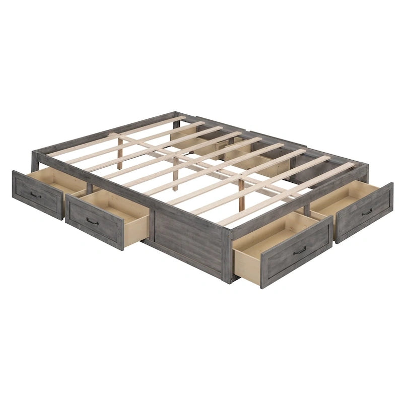 Letto a Piattaforma Queen con 6 Cassetti Contenitore, Grigio Antico / Bianco / Naturale, Per 1-2 Persone