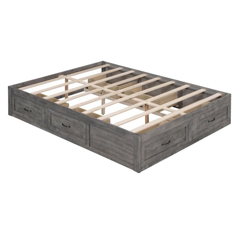 Letto a Piattaforma Queen con 6 Cassetti Contenitore, Grigio Antico / Bianco / Naturale, Per 1-2 Persone