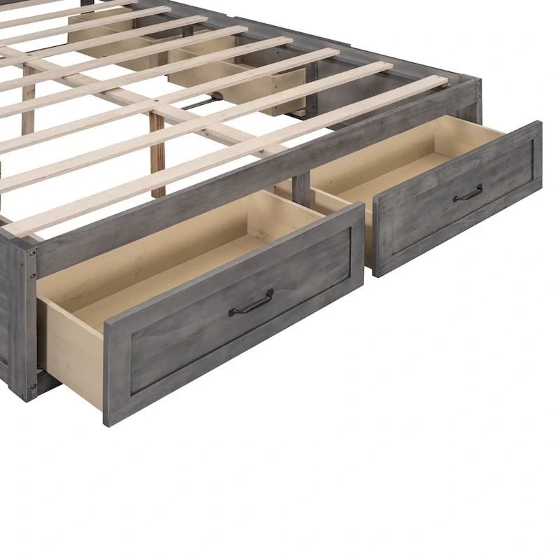 Letto a Piattaforma Queen con 6 Cassetti Contenitore, Grigio Antico / Bianco / Naturale, Per 1-2 Persone