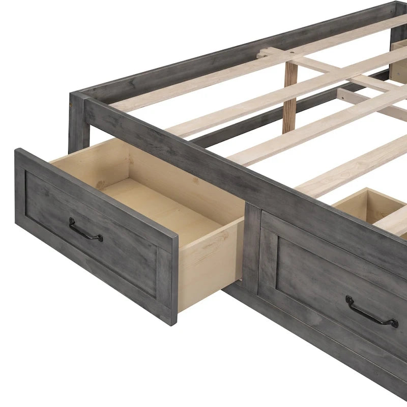 Letto a Piattaforma Queen con 6 Cassetti Contenitore, Grigio Antico / Bianco / Naturale, Per 1-2 Persone