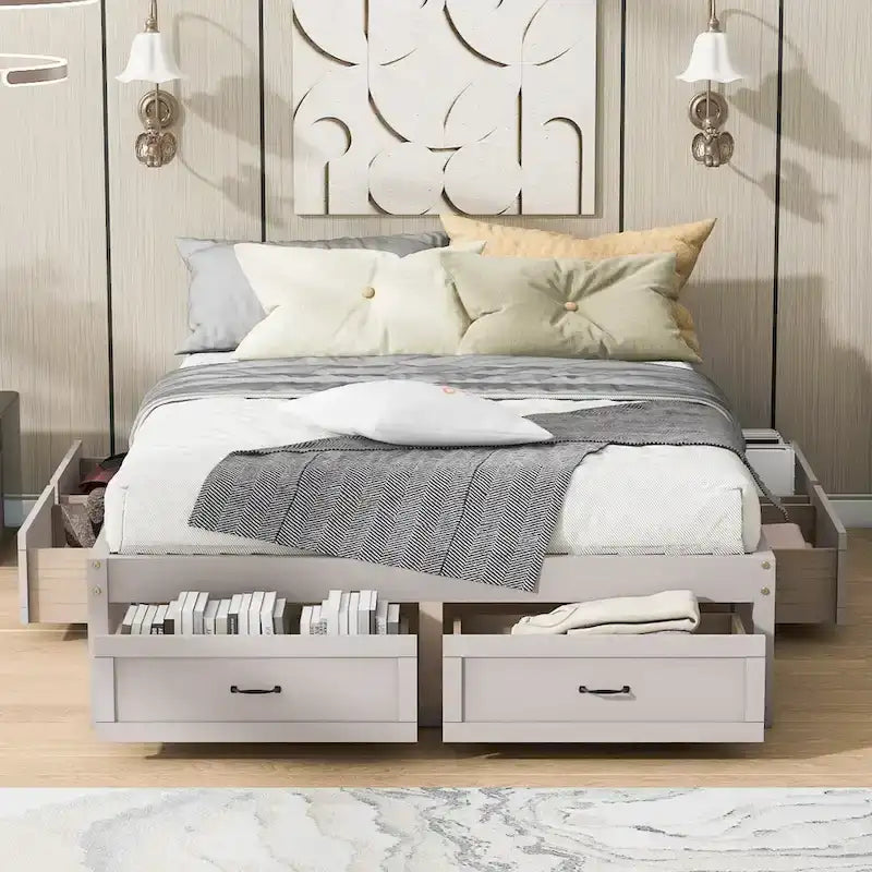 Letto a Piattaforma Queen con 6 Cassetti Contenitore, Grigio Antico / Bianco / Naturale, Per 1-2 Persone