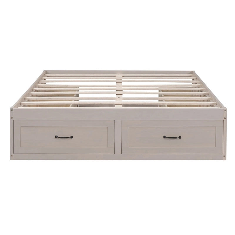 Letto a Piattaforma Queen con 6 Cassetti Contenitore, Grigio Antico / Bianco / Naturale, Per 1-2 Persone