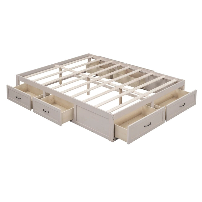 Letto a Piattaforma Queen con 6 Cassetti Contenitore, Grigio Antico / Bianco / Naturale, Per 1-2 Persone