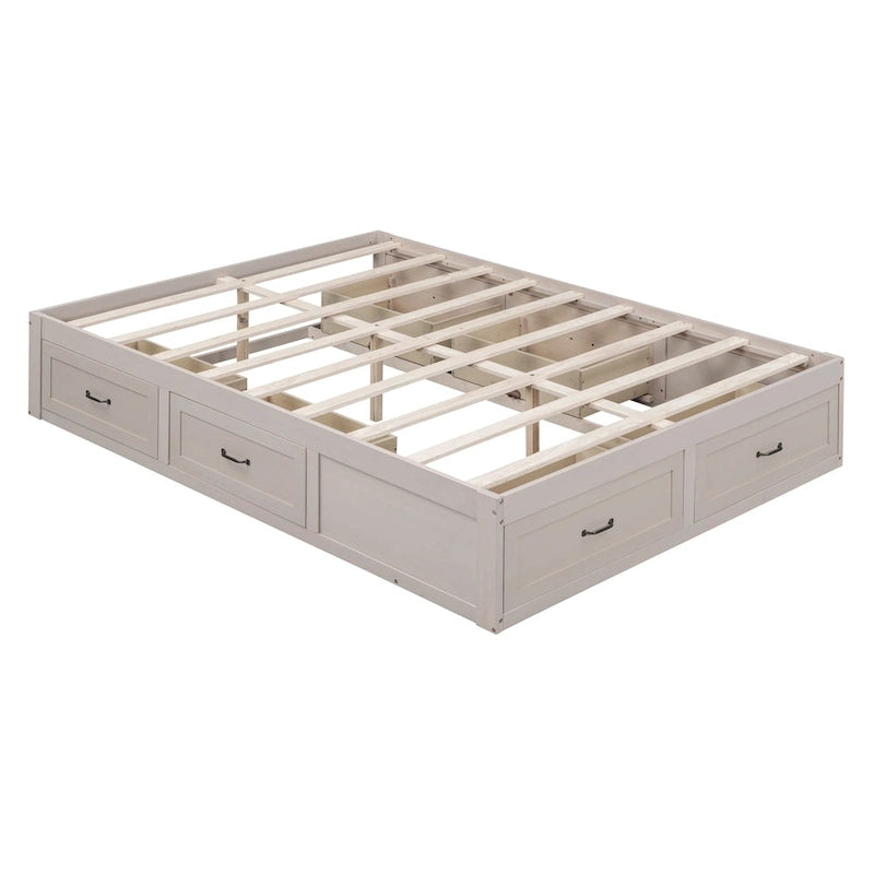 Letto a Piattaforma Queen con 6 Cassetti Contenitore, Grigio Antico / Bianco / Naturale, Per 1-2 Persone