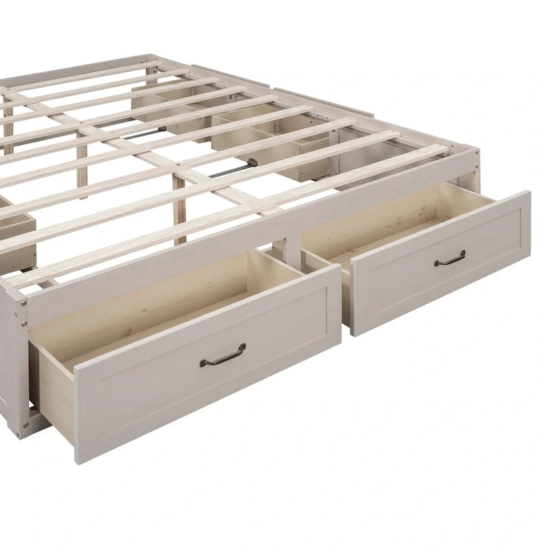 Letto a Piattaforma Queen con 6 Cassetti Contenitore, Grigio Antico / Bianco / Naturale, Per 1-2 Persone