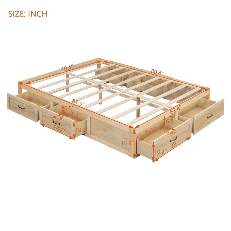Letto a Piattaforma Queen con 6 Cassetti Contenitore, Grigio Antico / Bianco / Naturale, Per 1-2 Persone