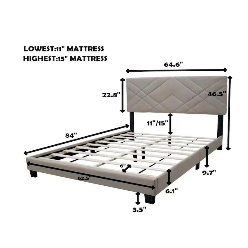 Struttura Letto a Piattaforma Queen Imbottita Beige, Resistente alle Macchie, Supporta 2 Adulti