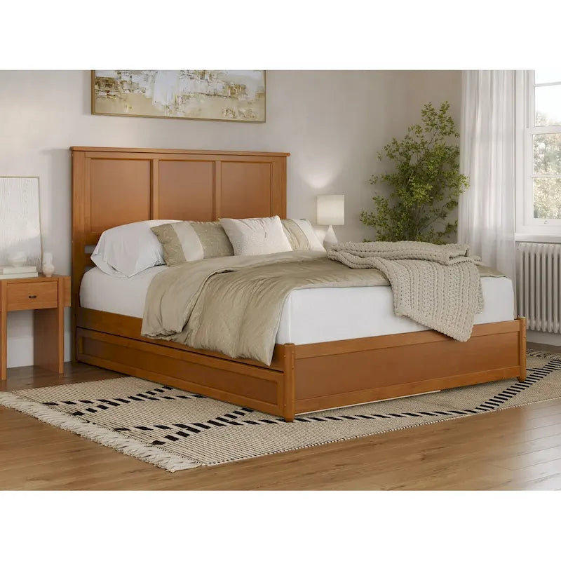 Letto a piattaforma con pannello noce/caramello chiaro/bianco con letto estraibile – Twin XL/Queen/King, per 2 persone