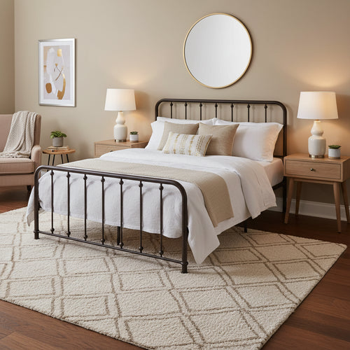 Ken King Size Metal Bed, Ball Accents on Vertical Slats, Antique Bronze