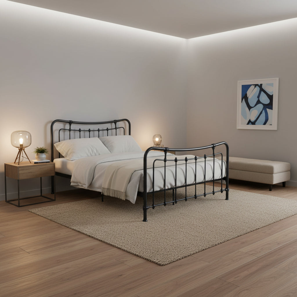 Ryan Full Size Metal Bed, Platform Foundation, Black Curved Spindle Frame