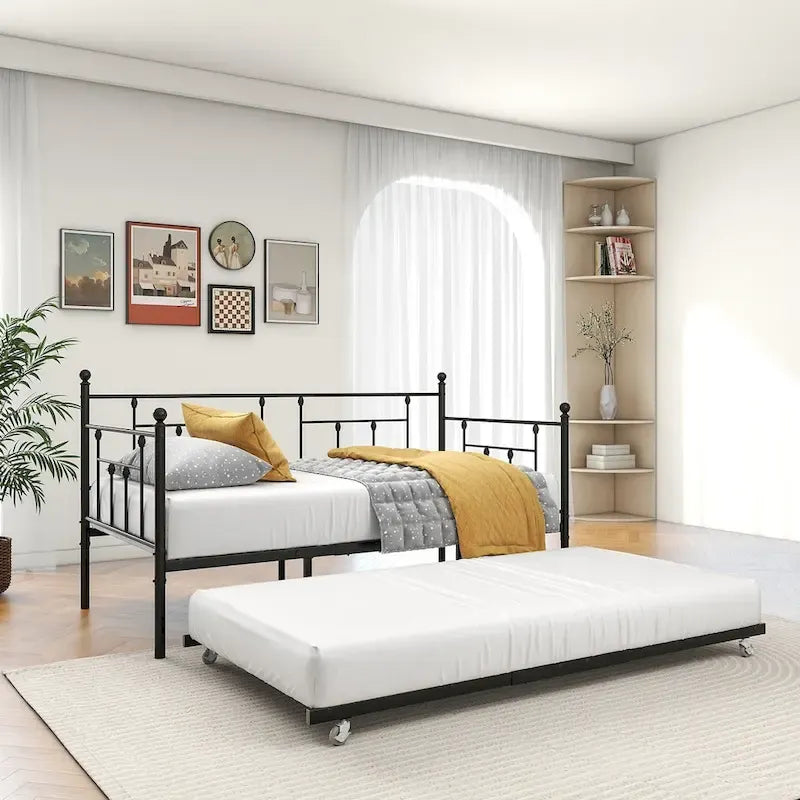 Struttura letto a giorno in metallo nero con letto estraibile, singolo, 2 persone