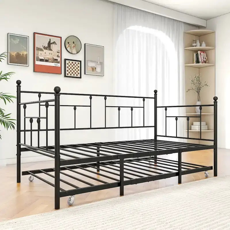 Struttura letto a giorno in metallo nero con letto estraibile, singolo, 2 persone