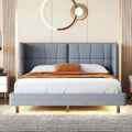 Letto matrimoniale con luci a LED e testiera a U, Grigio/Beige, Lino, Per 2 persone