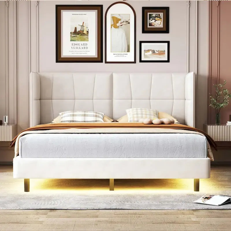 Letto matrimoniale con luci a LED e testiera a U, Grigio/Beige, Lino, Per 2 persone