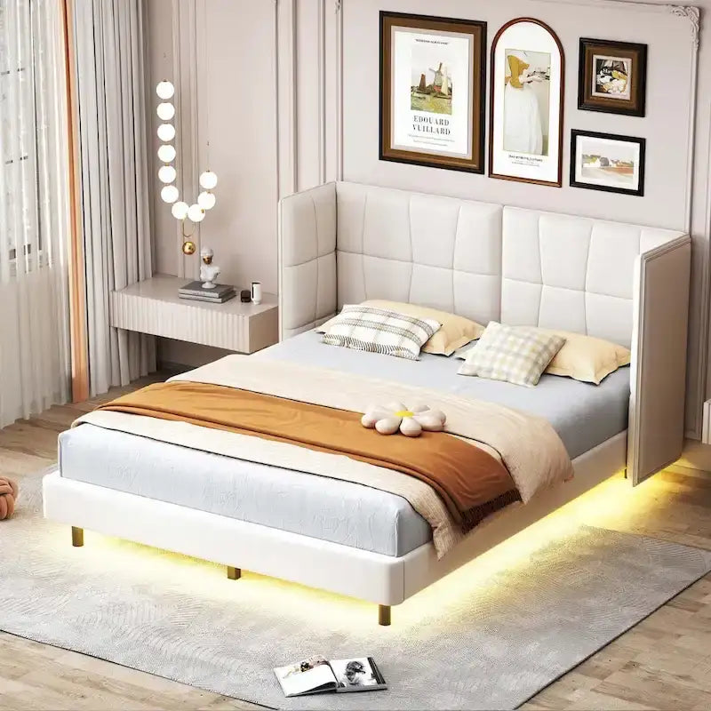 Letto matrimoniale con luci a LED e testiera a U, Grigio/Beige, Lino, Per 2 persone