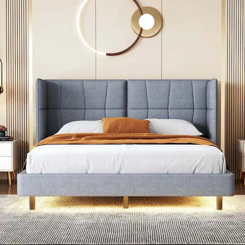 Letto matrimoniale con luci a LED e testiera a U, Grigio/Beige, Lino, Per 2 persone