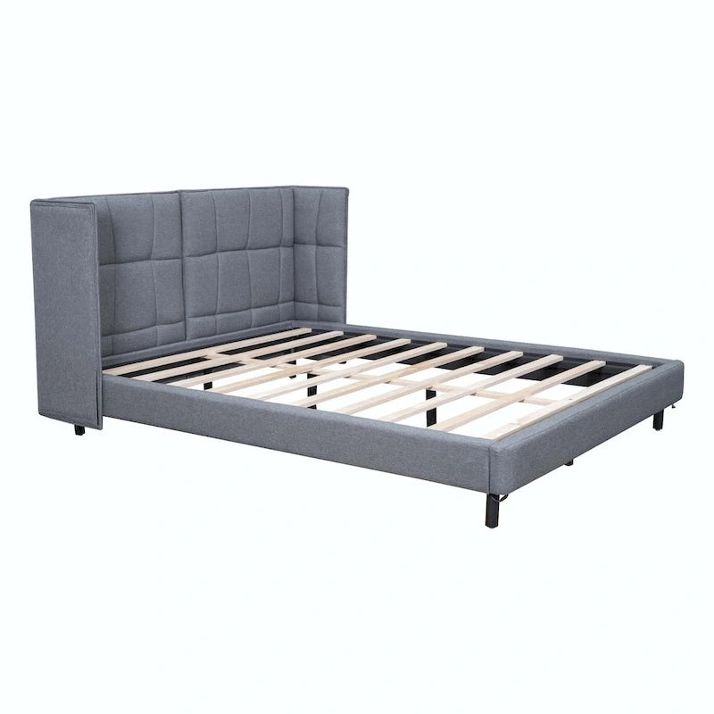 Letto matrimoniale con luci a LED e testiera a U, Grigio/Beige, Lino, Per 2 persone