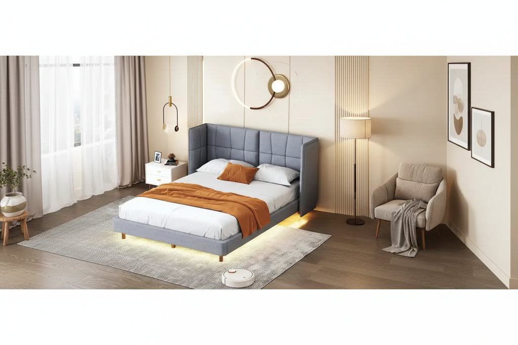 Letto matrimoniale con luci a LED e testiera a U, Grigio/Beige, Lino, Per 2 persone