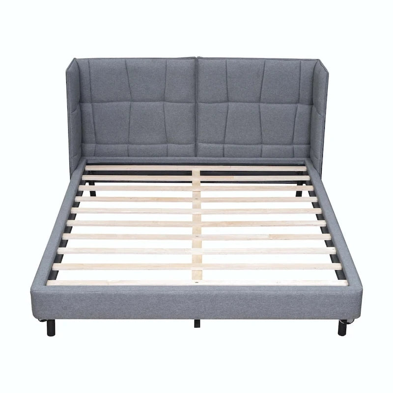 Letto matrimoniale con luci a LED e testiera a U, Grigio/Beige, Lino, Per 2 persone