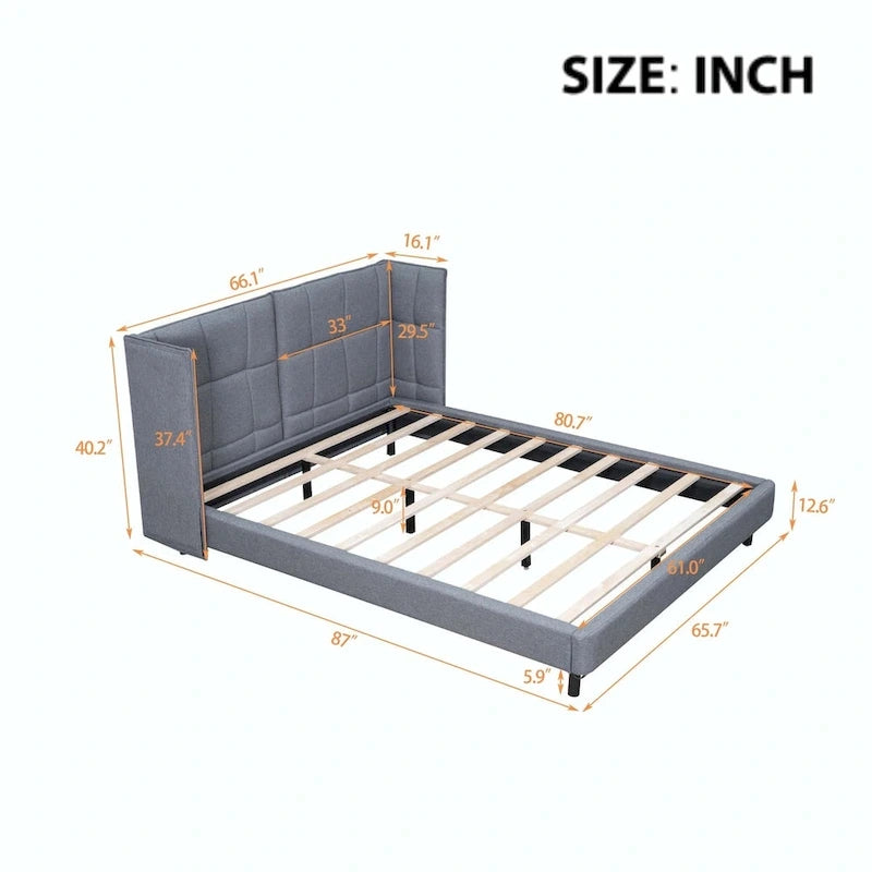 Letto matrimoniale con luci a LED e testiera a U, Grigio/Beige, Lino, Per 2 persone