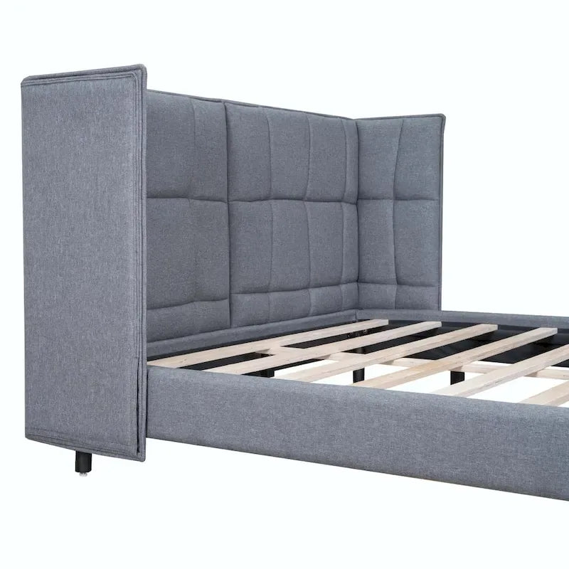 Letto matrimoniale con luci a LED e testiera a U, Grigio/Beige, Lino, Per 2 persone