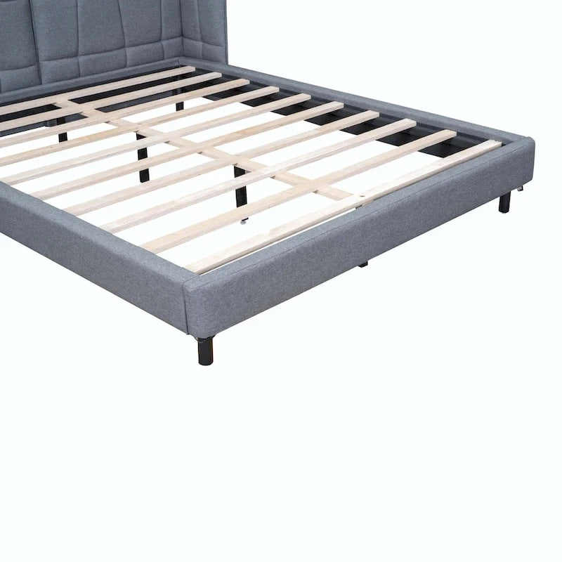 Letto matrimoniale con luci a LED e testiera a U, Grigio/Beige, Lino, Per 2 persone