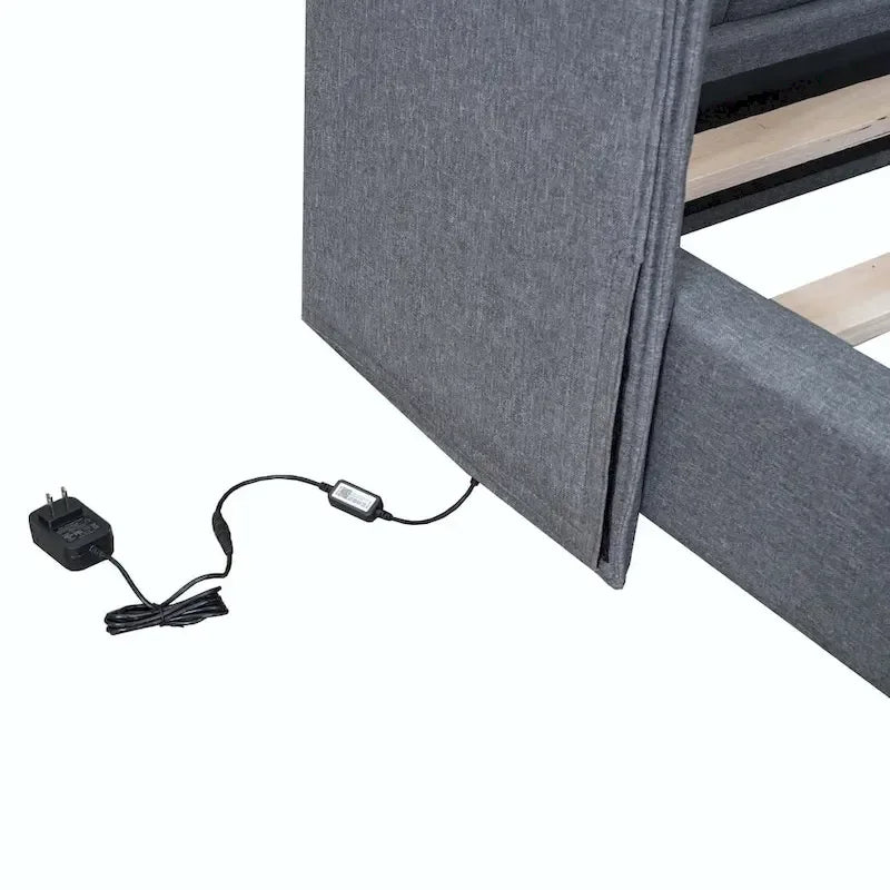 Letto matrimoniale con luci a LED e testiera a U, Grigio/Beige, Lino, Per 2 persone