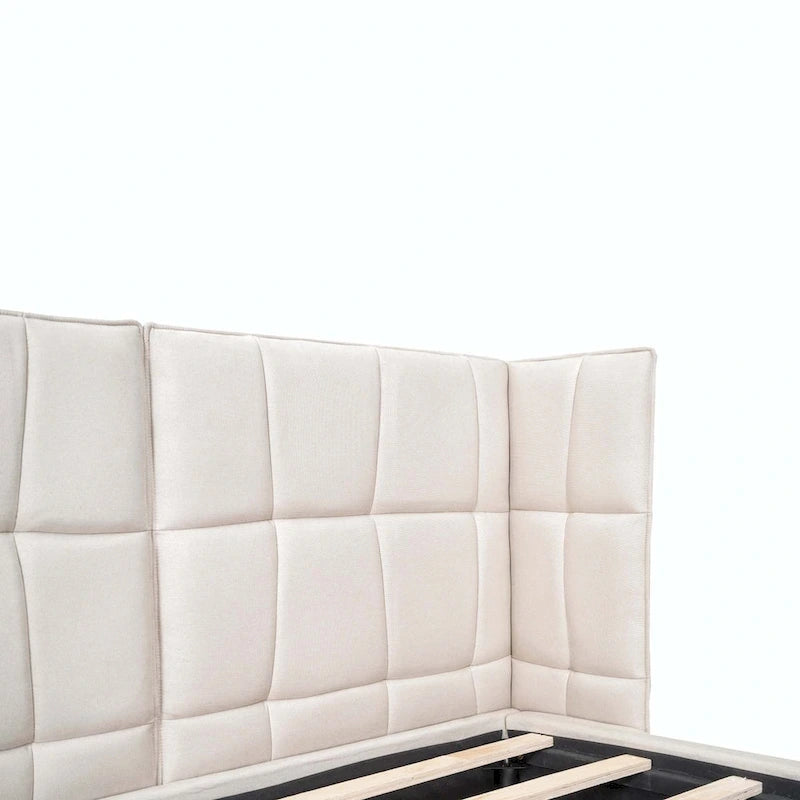 Letto matrimoniale con luci a LED e testiera a U, Grigio/Beige, Lino, Per 2 persone