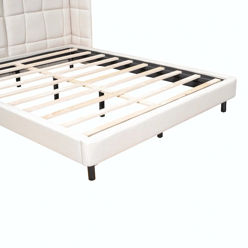 Letto matrimoniale con luci a LED e testiera a U, Grigio/Beige, Lino, Per 2 persone