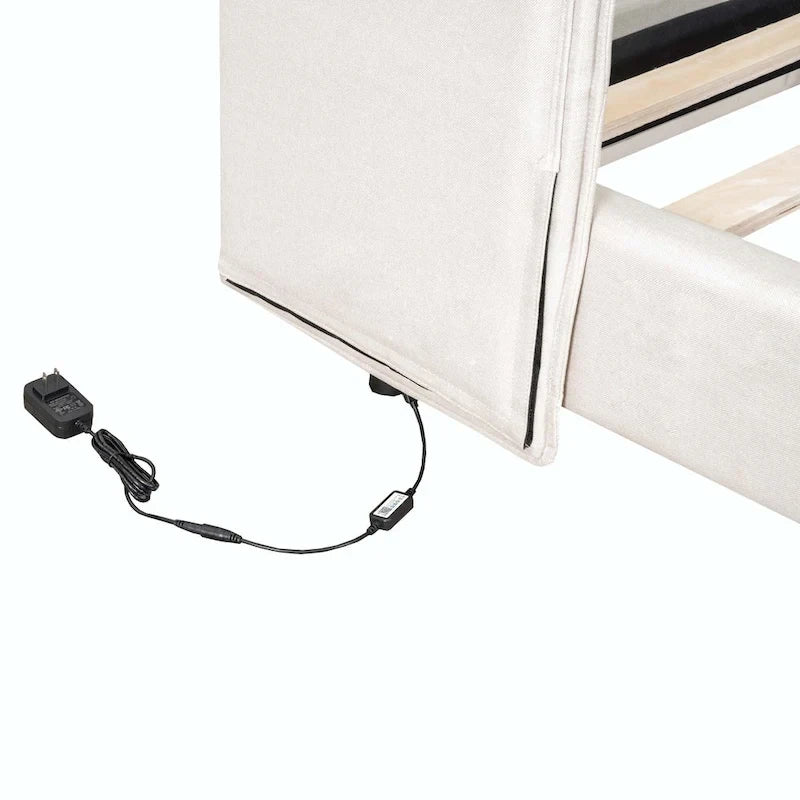 Letto matrimoniale con luci a LED e testiera a U, Grigio/Beige, Lino, Per 2 persone