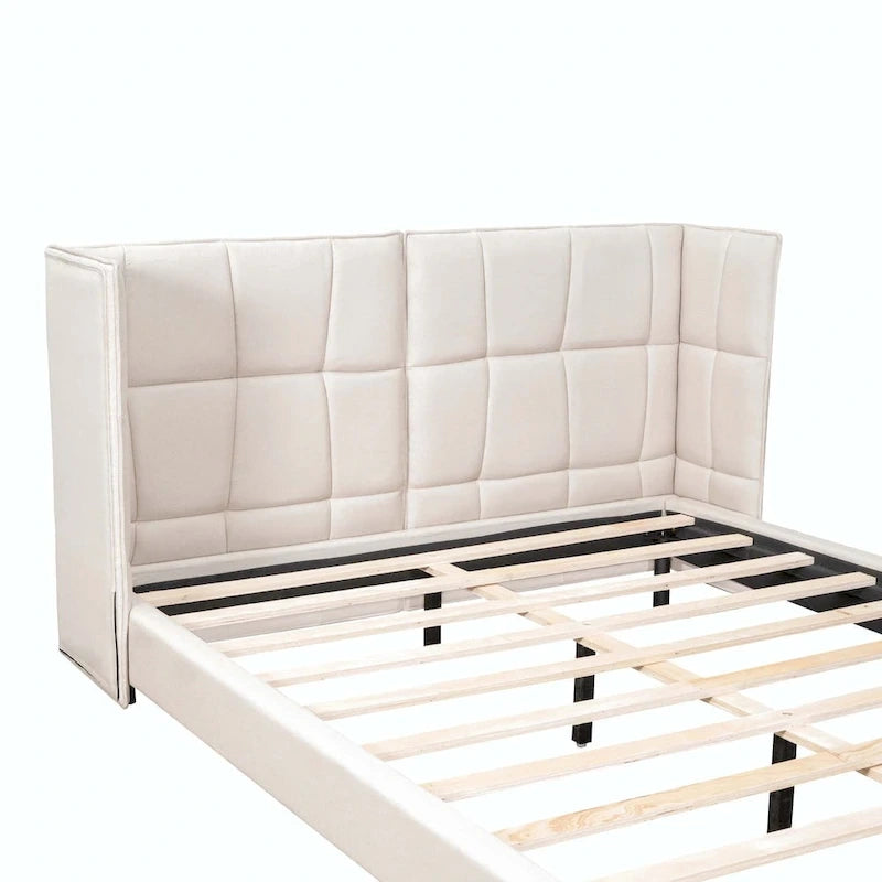 Letto matrimoniale con luci a LED e testiera a U, Grigio/Beige, Lino, Per 2 persone