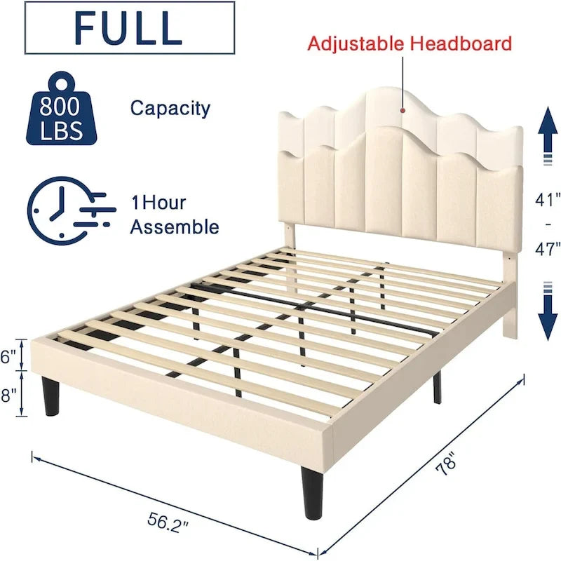 Struttura letto imbottita con piattaforma e testiera regolabile Blu / Grigio / Beige – Singolo / Matrimoniale / Queen