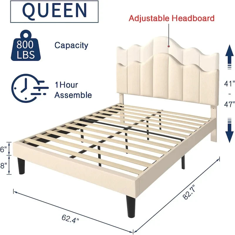 Struttura letto imbottita con piattaforma e testiera regolabile Blu / Grigio / Beige – Singolo / Matrimoniale / Queen