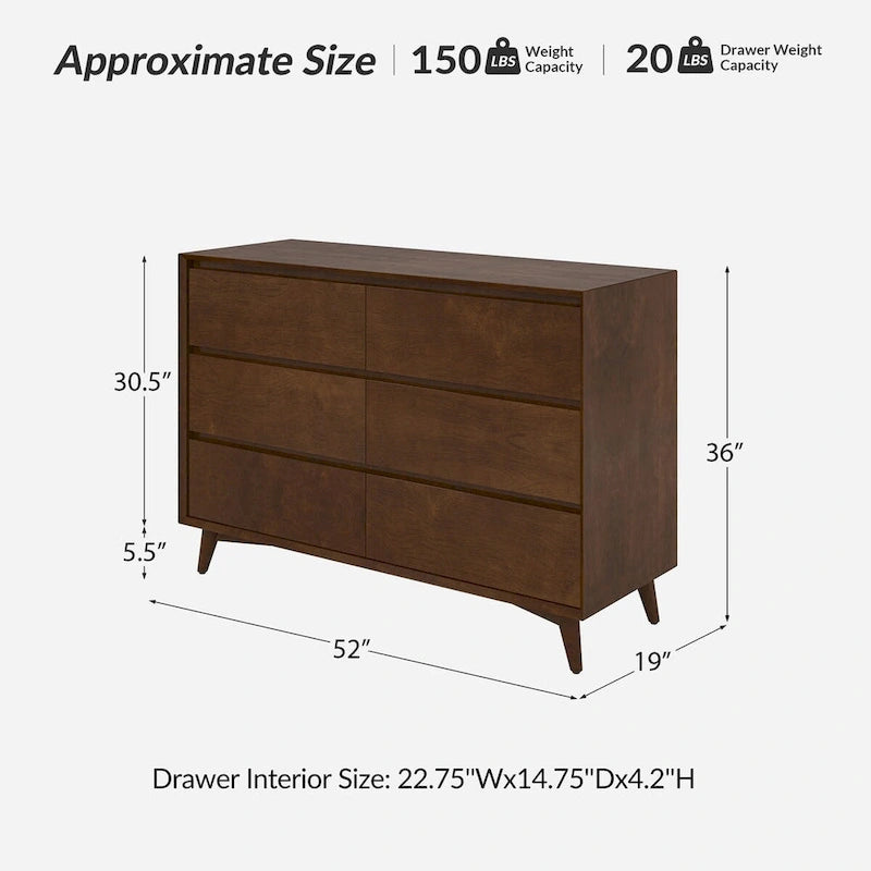 Comò a 6 cassetti Mid-Century in Noce/Quercia, gambe in legno massello
