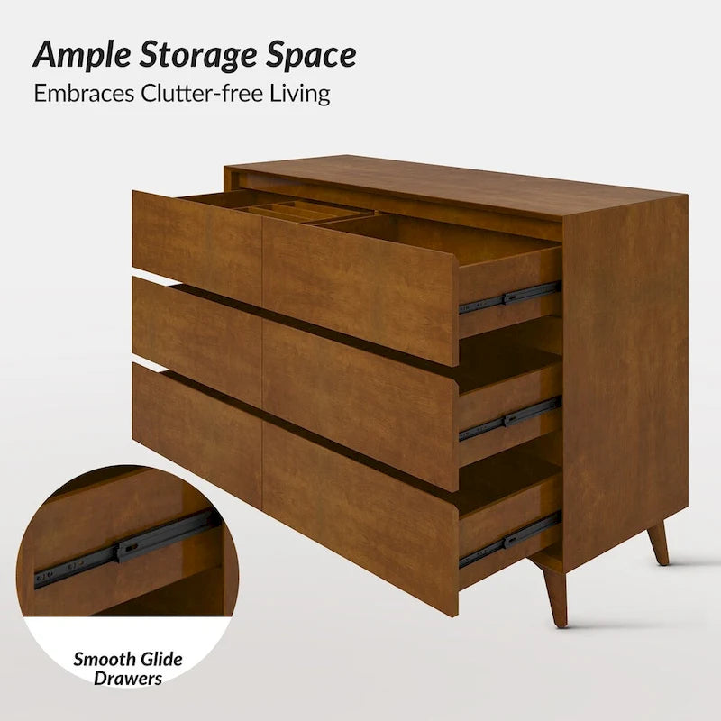 Comò a 6 cassetti Mid-Century in Noce/Quercia, gambe in legno massello