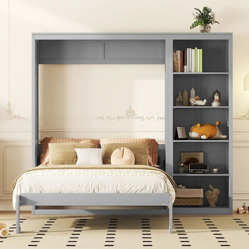 Letto a scomparsa matrimoniale a parete con mensole grigio/bianco, 1 persona
