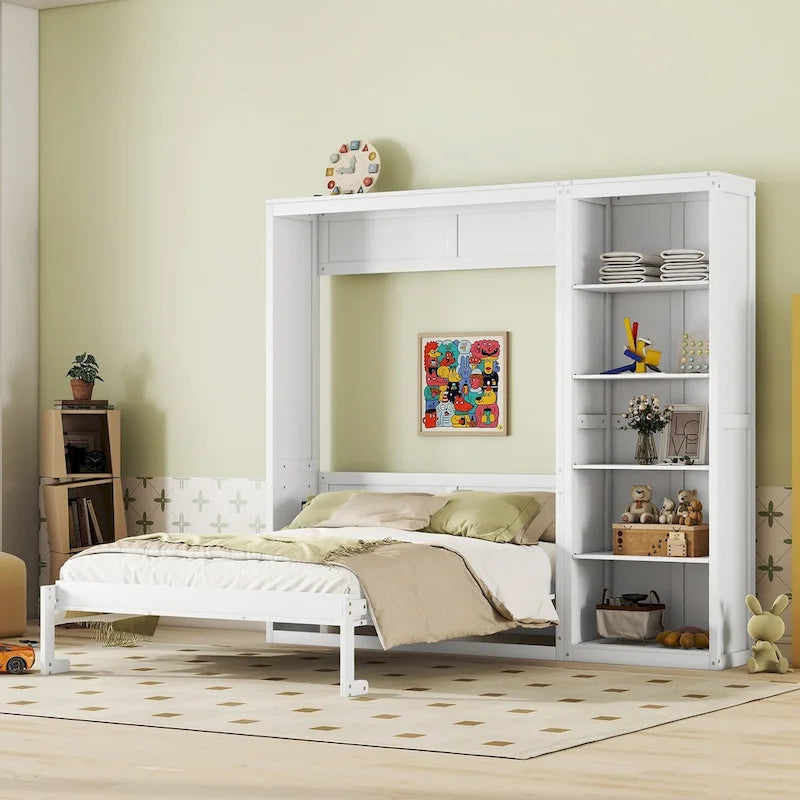 Letto a scomparsa matrimoniale a parete con mensole grigio/bianco, 1 persona