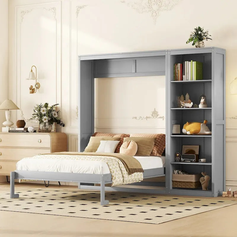 Letto a scomparsa matrimoniale a parete con mensole grigio/bianco, 1 persona