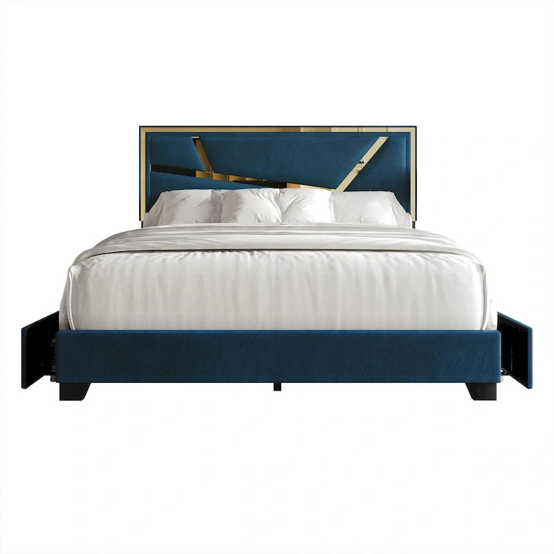 Letto imbottito in velluto con cassetti contenitore | Nero / Blu navy / Grigio argento | Matrimoniale / Queen / King