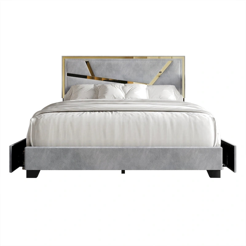 Letto imbottito in velluto con cassetti contenitore | Nero / Blu navy / Grigio argento | Matrimoniale / Queen / King