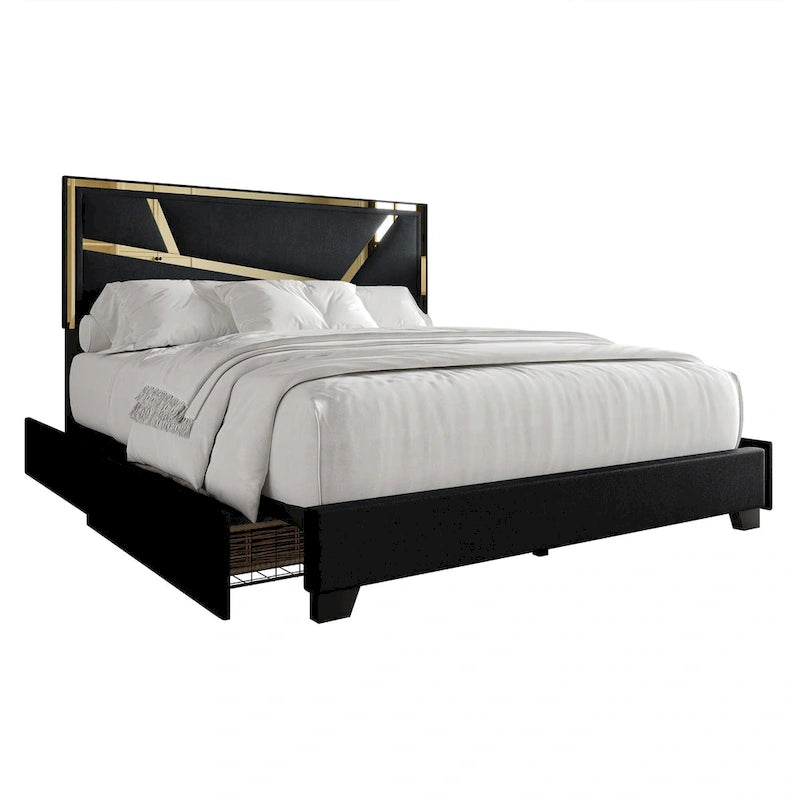 Letto imbottito in velluto con cassetti contenitore | Nero / Blu navy / Grigio argento | Matrimoniale / Queen / King